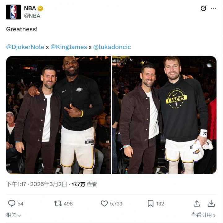 开云官网-NBA官方晒德约科维奇与詹姆斯&amp;东契奇合影：伟大！